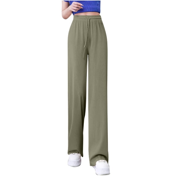 Hurxie Women Flowy Pants Drawstring Waist Wide Leg Palazzo Beach Pants Loose Fit with Pockets Green S