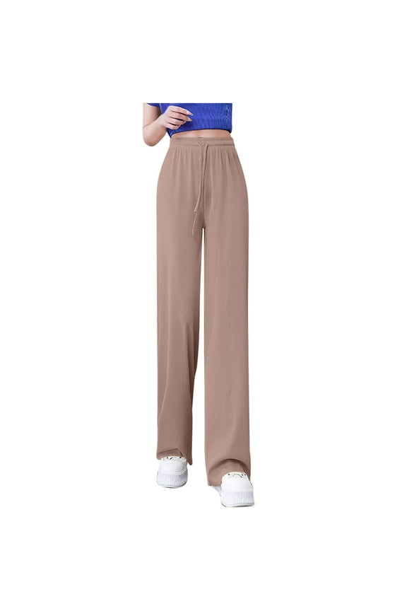 Women Flowy Pants Drawstring Waist Wide Leg Palazzo Beach Pants Loose Fit with Pockets Khaki M