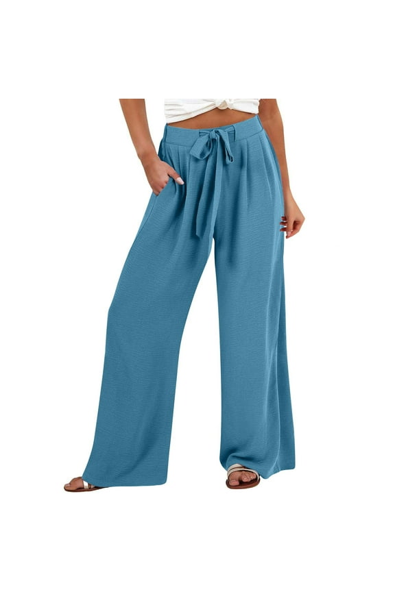 Women Flowy Pants Drawstring Waist Wide Leg Palazzo Beach Pants Loose Fit with Pockets Sky Blue S