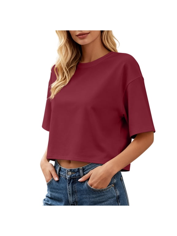 Women Half Sleeve Cropped T-Shirts Drop Shoulder Round Neck Crop Tops Casual Summer Solid Color Basic Tees Wine,S