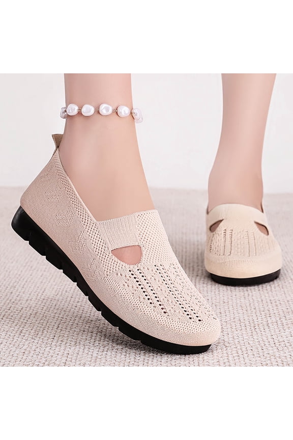 Women Mary Jane Shoes Slip On Walking Flats Comfortable Dressy Knit Washable Casual Nurse Shoe with Arch Support Beige 36