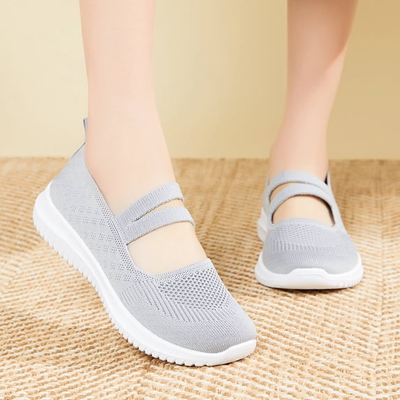 Hurxie Women Mary Jane Shoes Slip On Walking Flats Comfortable Dressy Knit Washable Casual Nurse Shoe with Arch Support Gray 42