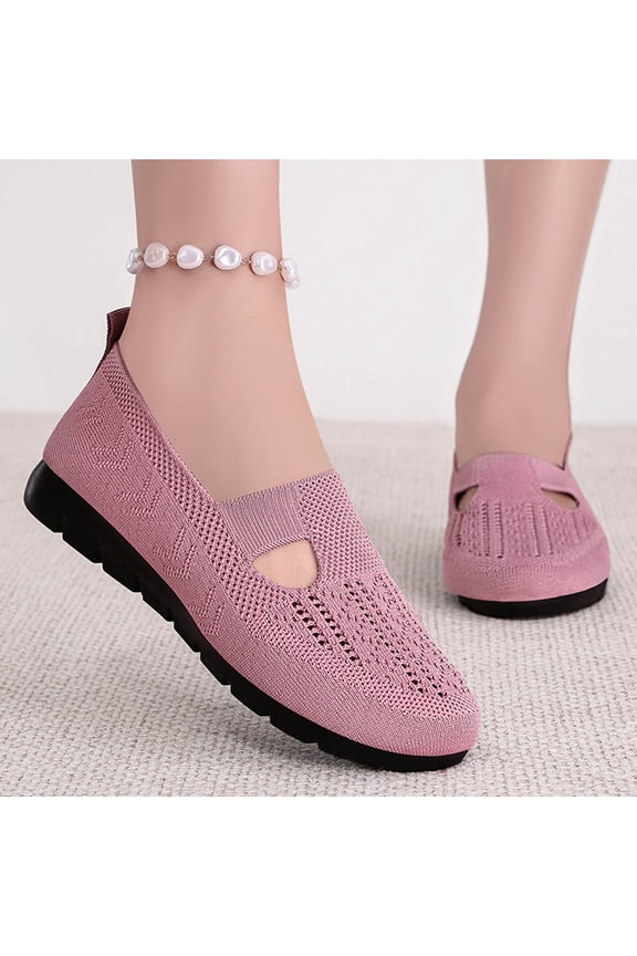 Women Mary Jane Shoes Slip On Walking Flats Comfortable Dressy Knit Washable Casual Nurse Shoe with Arch Support Pink 42