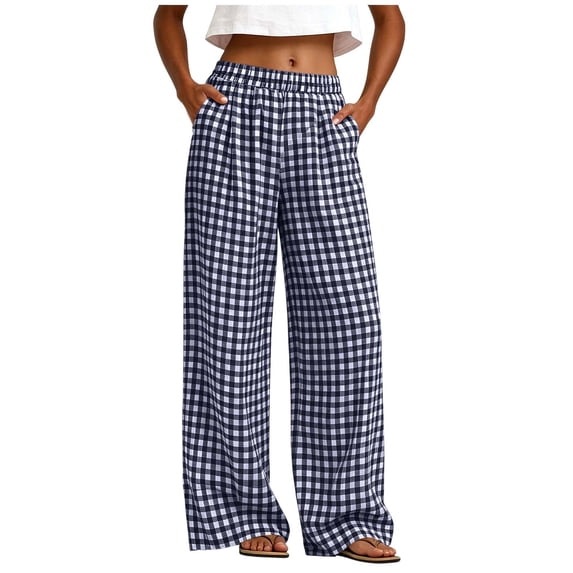 Hurxie Women Pajama Pants Striped Plaid Pj Trousers Drawstring Gingham Bottoms Casual Wide Leg Pant with Pocket Navy,XL