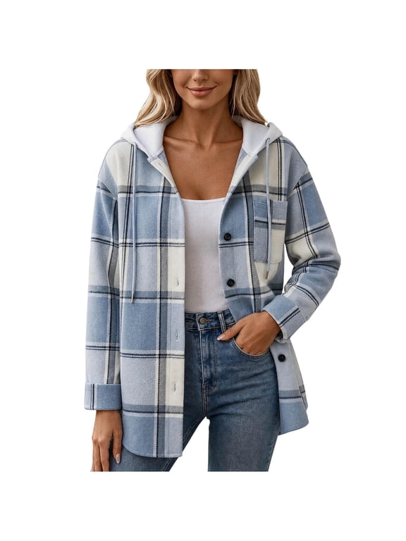 Women Plaid Hooded Shirt Drawstring Flannel Sweatshirt Hoodie Jacket Casual Button Down Blouse Tops with Pocket Light Blue,S