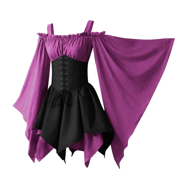 Hurxie Women Plus Size Punk Cold Shoulder Flare Sleeves Lace Gothic Dress