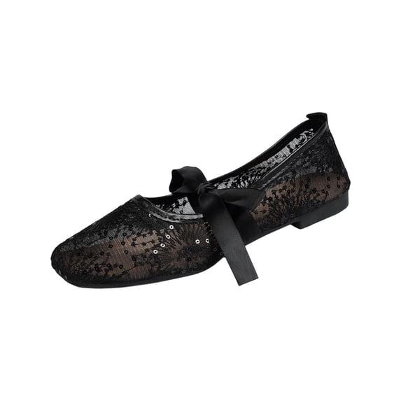 Hurxie Women Polka Dots Mesh Ballet Flats Bowknot Pointed Toe Ballerina Flats Closed Toe Comfortable Casual Work Shoes Black 42
