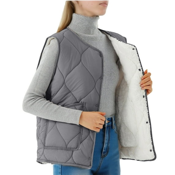 Hurxie Women Puffer Vest Casual Stand Collar Sleeveless Puffer Jacket Warm Winter Reversible Zip Up Outerwear with Pockets Dark Gray 2XL