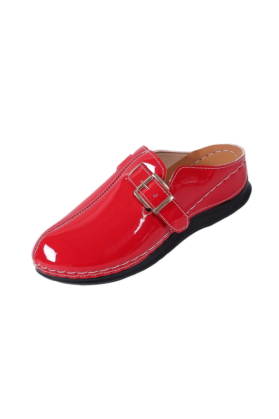 Women Round Toe Low Heel Mules with Buckle Straps Fashion Carved Wingtips Comfort Baotou Flat Slip-On Backless Slingback Mary Janes for Walking Dress Party Red 5.5