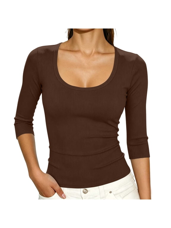 Women'S 3/4 Sleeve Tops Square Neck Slim Soft Tees Soft Easy Care, Fall Outfits, Basic Layering, Daily Wear, Casual Work Shirt Brown,S