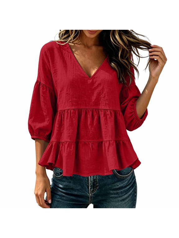 Women Short Sleeve Peplum Top Solid Color Layered Flutter Sleeves Blouse Casual Fashion Shirt Red,L