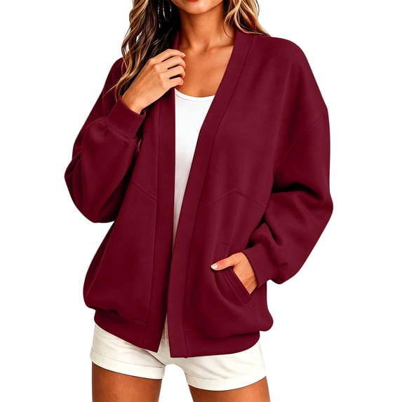 Hurxie Women Sweatshirt Cardigan Open Front Jacket Oversized Lightweight Loose Fit Pocket Casual Athleisure Outerwear Red,XL