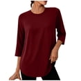 thumbnail image 1 of Hurxie Women Tops 3 Pack 3/4 Sleeve Crewneck Cute Basics Tees Casual Fashion Summer Spring T Shirts Business Work Tee Top Wine,M, 1 of 8