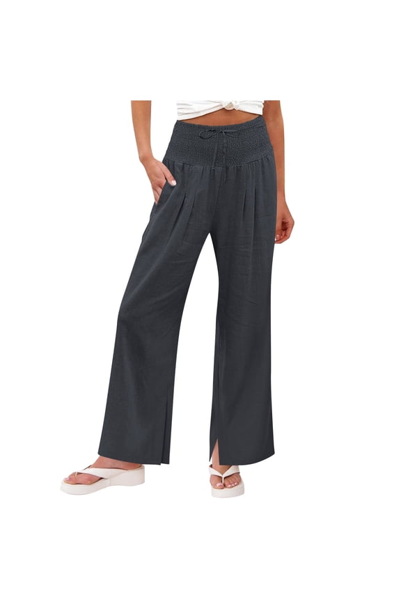 Women Wide Leg Pants Flowy Palazzo Drawstring Elastic Waist Trousers with Pockets Summer Beach Vacation Clothes Dark Gray,3XL