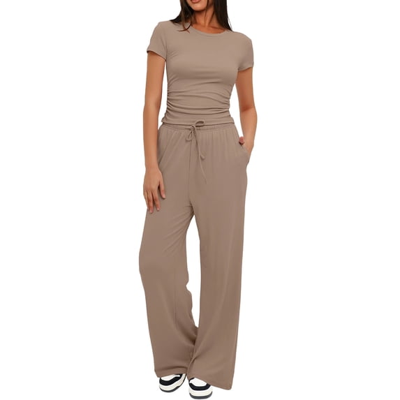 Hurxie Women's 2 Piece Outfits Lounge Sets Short Sleeve Crop Tops and Wide Leg Pants Tracksuit Sets Khaki,XL