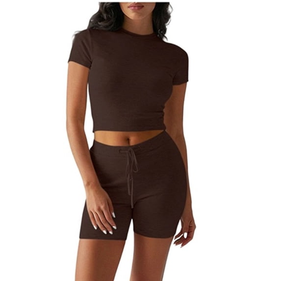 Hurxie Women's 2 Piece Outfits Lounge Sets Slim Fitted Short Sleeve Crop Tops Fold Over Shorts Casual Comfy Trasuits Brown,S