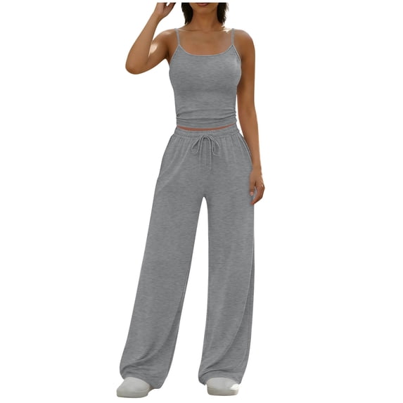 Hurxie Women's 2 Piece Pajama Lounge Set Summer Matching Lounge Sets Spaghetti Strap Tank Top Comfy Wide Leg Pants Sets Dark Gray,XL