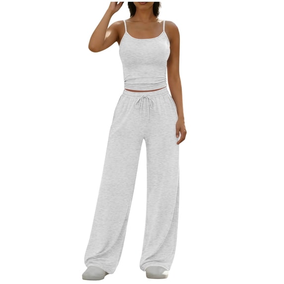 Hurxie Women's 2 Piece Pajama Lounge Set Summer Matching Lounge Sets Spaghetti Strap Tank Top Comfy Wide Leg Pants Sets Gray,L
