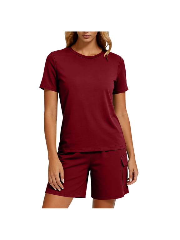 Women's 2 Piece Short Sets Short Sleeve Drawstring Shorts Summer Casual Lounge Sets with Pockets Wine,S