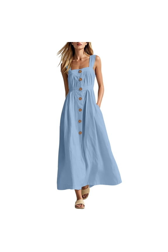 Women's Adjustable Strap Midi Long Denim Dress Button Down A-Line Swing Flowy Jean Dress Light Blue,M