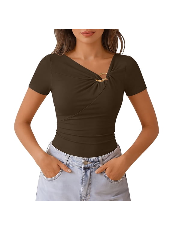 Women's Asymmetric Neck Tops Cap Sleeve Metal Buckle Irregular Neck Blouse Brown,L