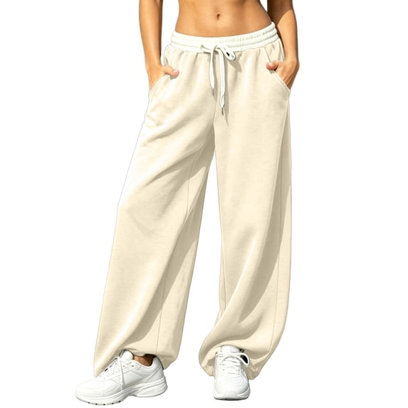 Hurxie Women's Baggy Sweatpants Athletic Loose Wide Leg Elastic Waist Lounge Open Bottom Joggers Pants with Pockets Beige,2XL