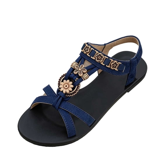 Hurxie Women's Boho Flat Sandals Ankle Strap Thong Toe Dressy Flip Flops Floral Vacation Summer Slide Shoes Navy 5.5