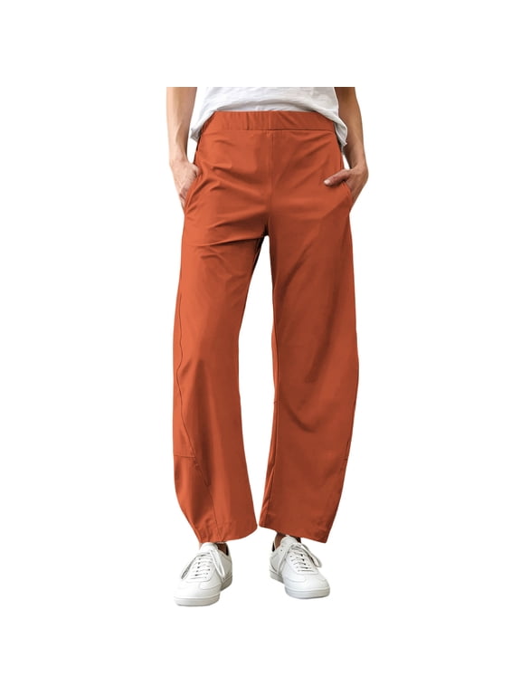 Women's Barrel Pants, Wide Leg Loose Fit Ankle Pant with Side Pockets Tapered Barrel Fit, Wrinkle-Free Travel Outfits, Lightweight Crop Pants, Hidden Elastic Waist
