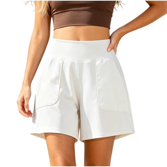 Hurxie Women's Bermuda Shorts High Waisted Athletic Long Shorts with Pockets for Running Yoga Casual White,L