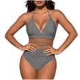 thumbnail image 1 of Hurxie Women's Bikini Sets Two Piece Swimsuit High Waisted V Neck Textured Crisscross Back Tie Bathing Suits Gray ,M, 1 of 5