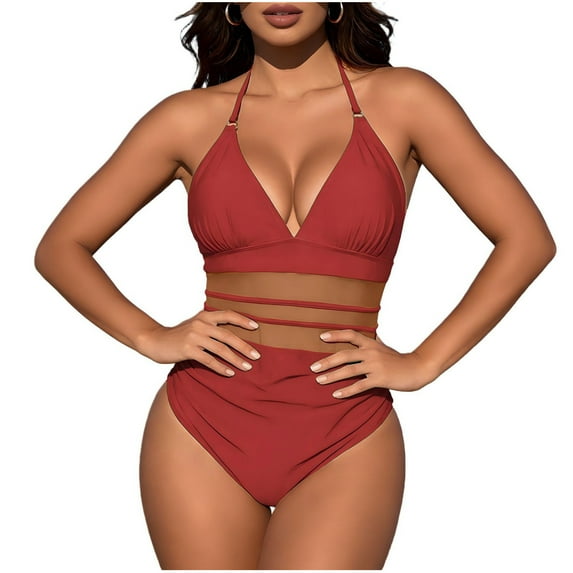 Hurxie Women's Bikini Sets Two Piece Swimsuit High Waisted V Neck Textured Crisscross Back Tie Bathing Suits Wine ,XL