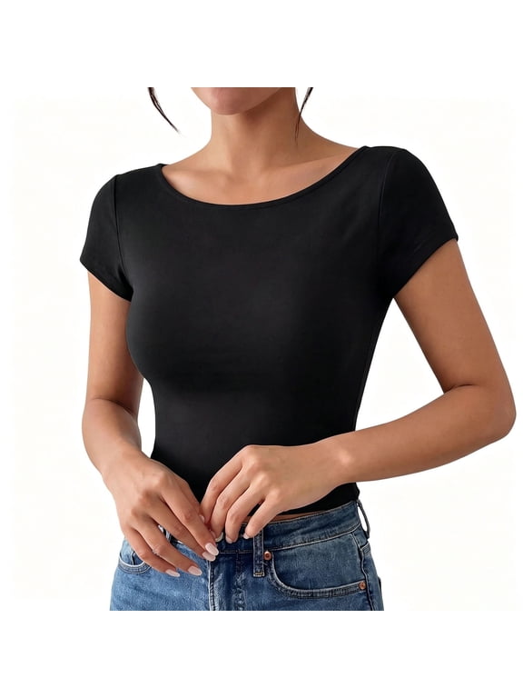 Women's Boat Neck Tops Ribbed Short Sleeve T-Shirts Slim Fitted Tight Y2k Basic Tee Spring Clothes Summer Trendy Black,M