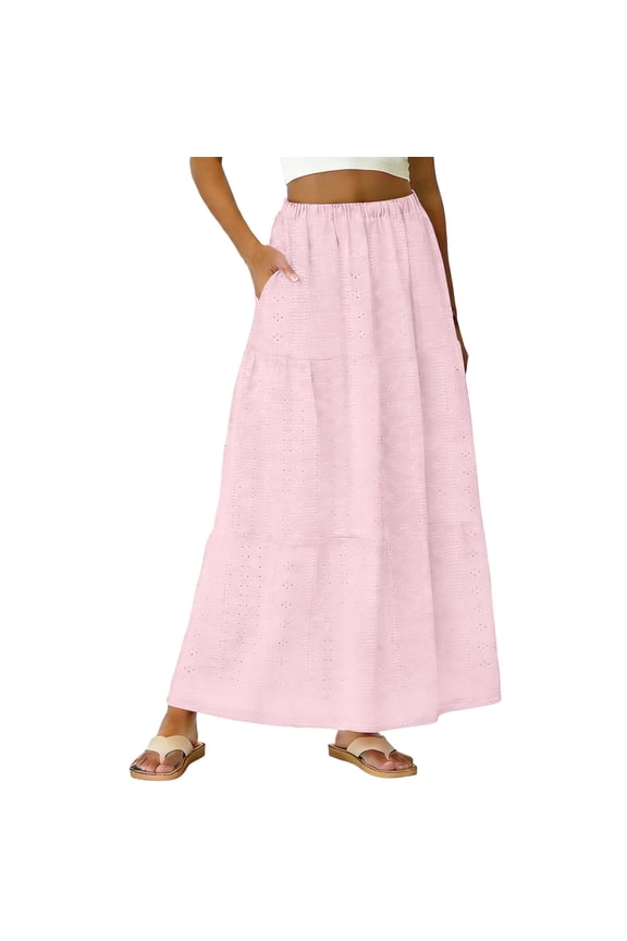 Women's Boho Maxi Skirt with Pockets - Elastic High Waist Flowy Tiered A-Line Long Skirts for Summer Vacation Pink,L