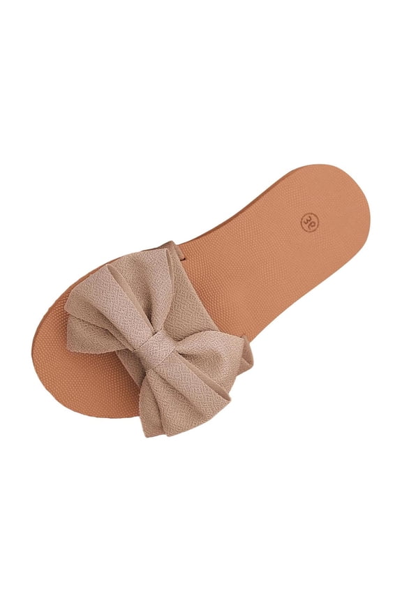 Women's Bow Flat Sandals Leather Open Toe Flats Summer Vacation Shoes Beach Sandals Outdoor Slippers Khaki