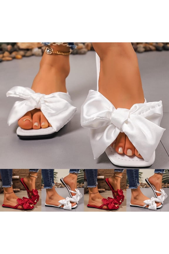 Women's Bow Slide Sandals Open Toe Slip On Summer Flat Sandals White 36