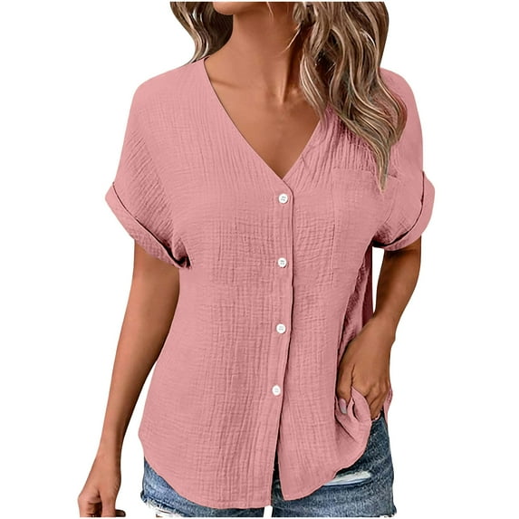 Hurxie Women's Button Down Blouse Short Puff Sleeve V Neck Vacation Shirts Watermelon Red XL