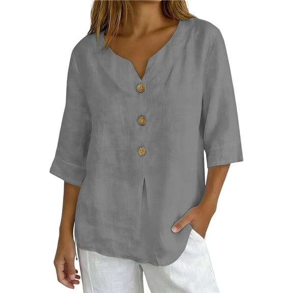 Hurxie Women's Button Down T Shirts 3/4 Sleeve V Neck Tops Casual Summer Ladies Tees Gray L