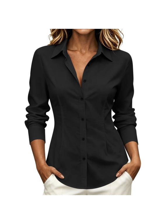 Women's Button Down Shirts Long Sleeve Business Tops Dress Shirts Collared Blouses Lightweight Solid Color Work Blouse,Easy Care,Office Interviews Tops Black,M