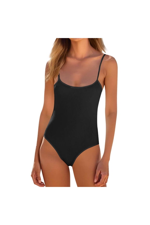 Women's Cami Thong Bodysuit Double Lined Square Neck Backless Body Suit Adjustable Spaghetti Strap Tank Tops Black,S