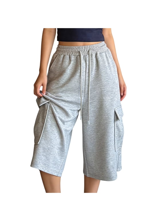 Women's Capri Cargo Sweatpants Wide Leg Cropped Pants Baggy Capris Casual Drawstring Pants with 4 Pockets Gray,S