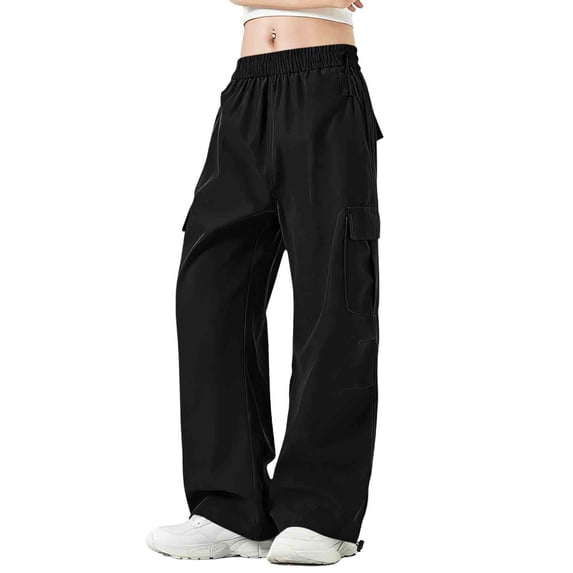 Hurxie Women's Cargo Pants Baggy Parachute Pants Joggers Y2k Trendy Stretchy High Waist Wide Leg Trousers with Pockets Black,M