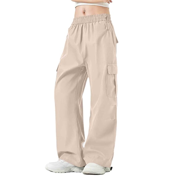 Hurxie Women's Cargo Pants Baggy Parachute Pants Joggers Y2k Trendy Stretchy High Waist Wide Leg Trousers with Pockets Khaki,M
