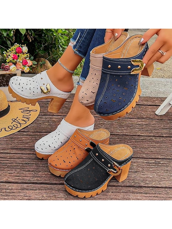 Women's Clogs Faux Wood Heel Slip On Mules with Optional Slingback Strap Studded Platform Comfortable Low Heel Mule Clog Black 38