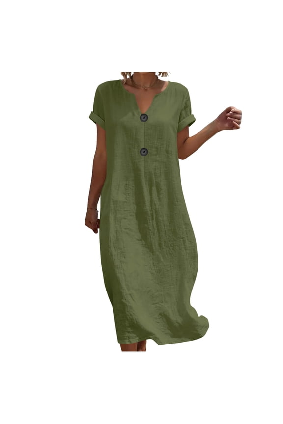 Women's Cotton Linen Midi Dress V Neck Short Sleeve Causal Loose Tshirt Dresses Summer Army Green,XL