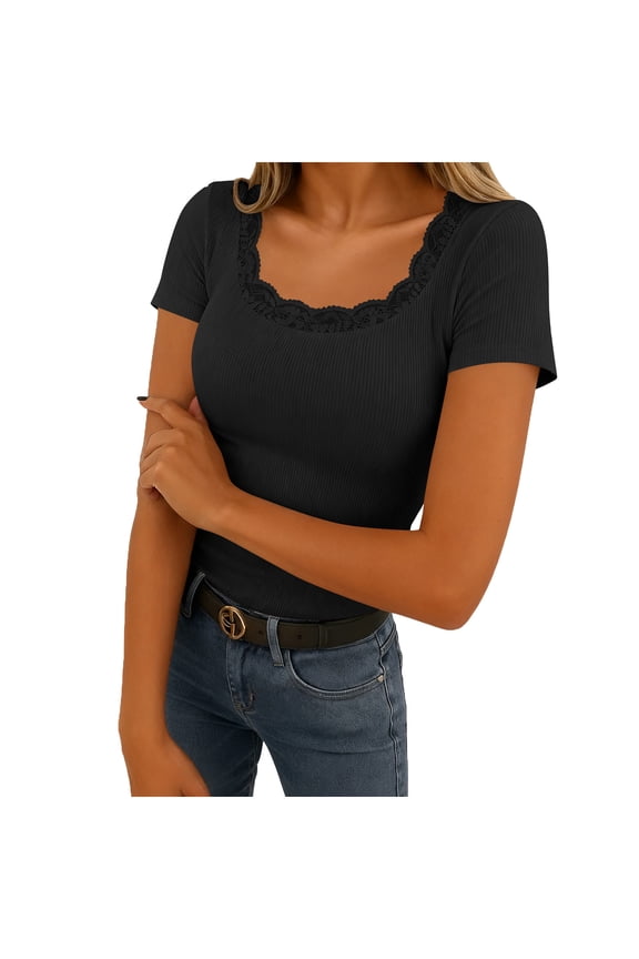 Women's Crew Neck Ribbed Fitted Shirt Basic Short Sleeves Summer T Shirt Tops Black 2XL