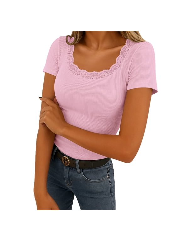 Women's Crew Neck Ribbed Fitted Shirt Basic Short Sleeves Summer T Shirt Tops Pink M