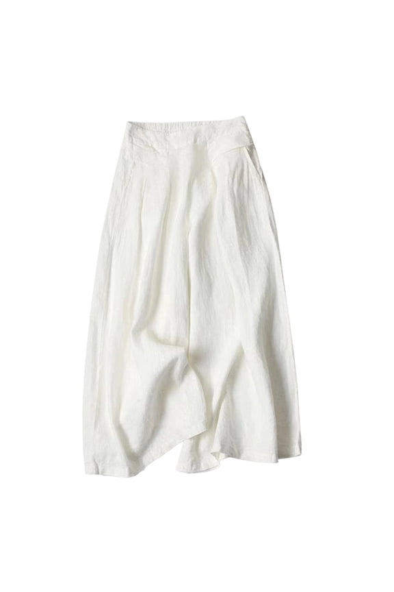 Women's Culottes Linen Blend Wide Leg Pants Elastic Waist Casual Palazzo Trousers with Pockets Capris White,S