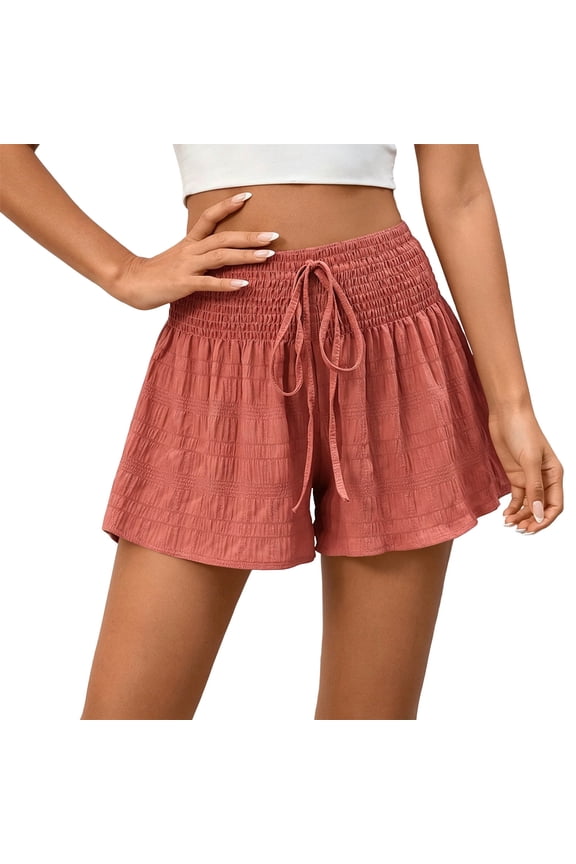 Women's Drawstring High Waisted Tie Knot Wide Leg Textured Loose Summer Shorts Red,XL