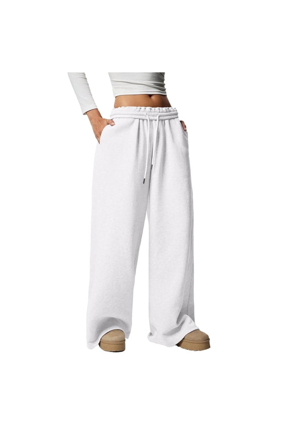 Women's Drawstring Waist Straight Streetwear Long Wide Leg Pants Casual Loose Baggy Workout Long Fall Sweatpants White XS
