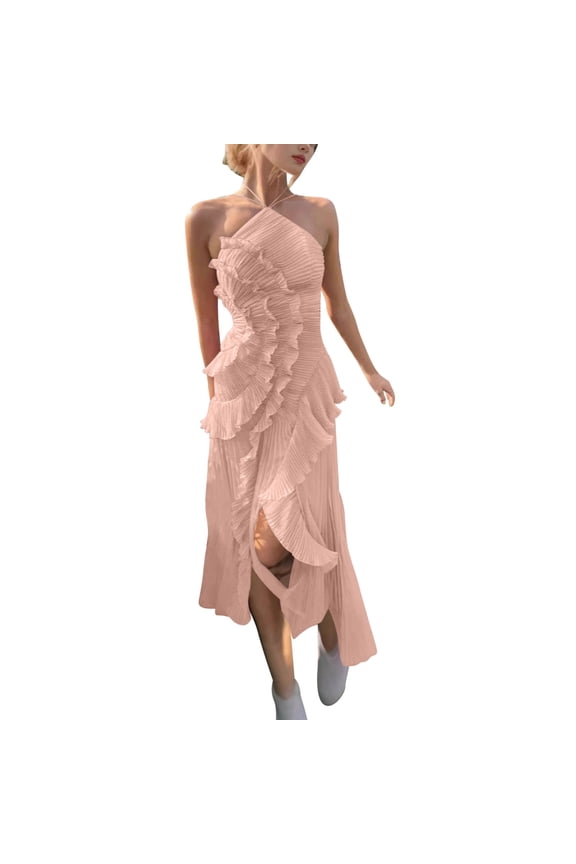 Women's Elegant Spaghetti Strap Ruffled Halter Neck Sleeveless Backless Multi-Layer High-Low Hemline Vacation Long Dress Beige,XS